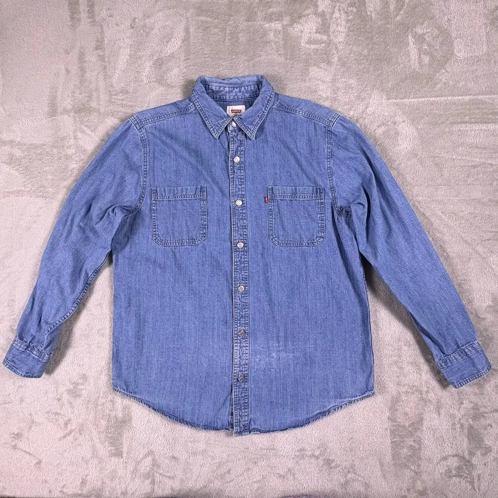 Levi's Denim Snap Shirt Medium Wash Button Up Unisex‎ L Coastal Cowgirl Western